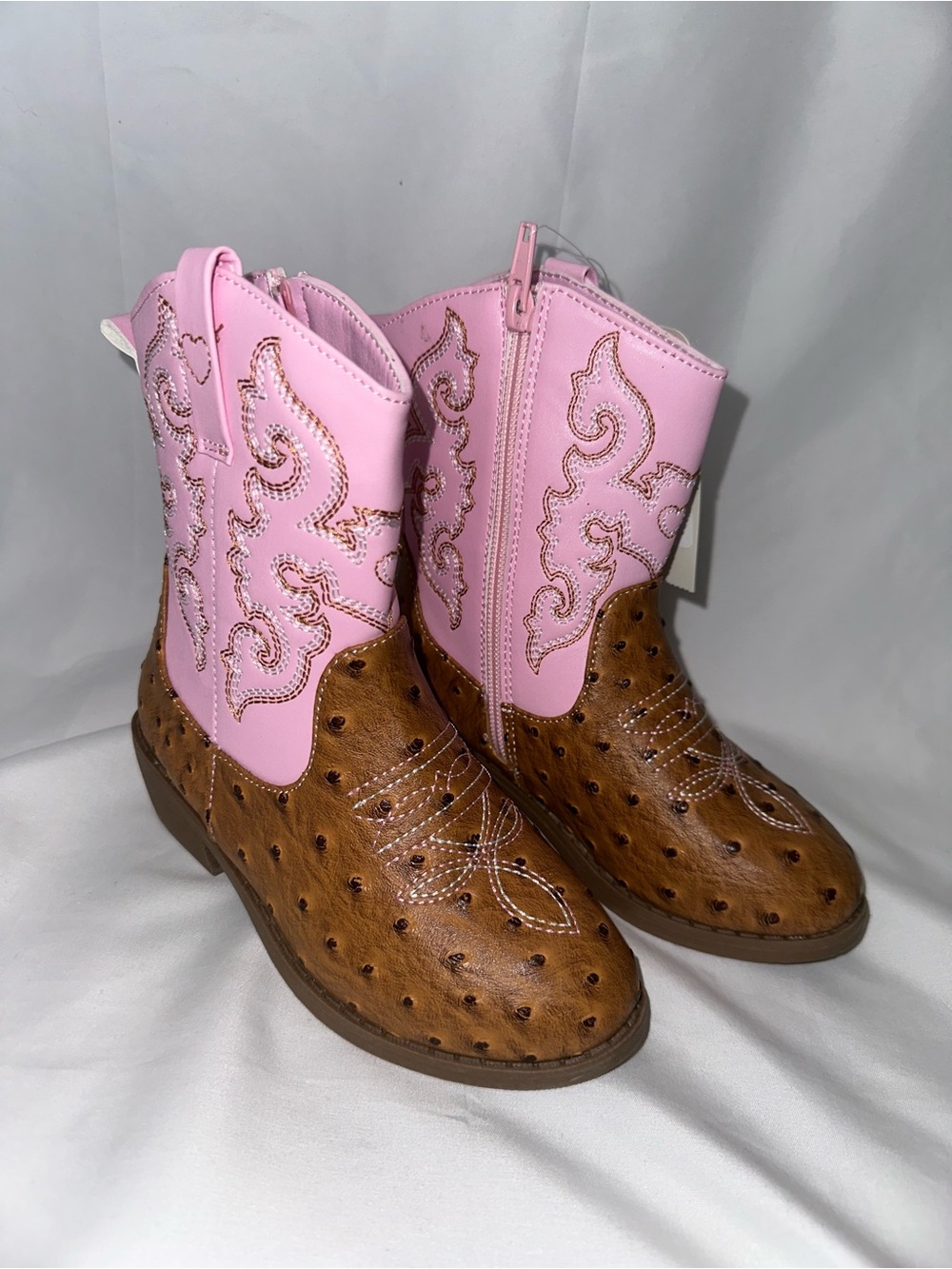 NWT Pawz Girls Pink Western Cowgirl Boots Faux Ostrich Size 12 Kids Side Zip